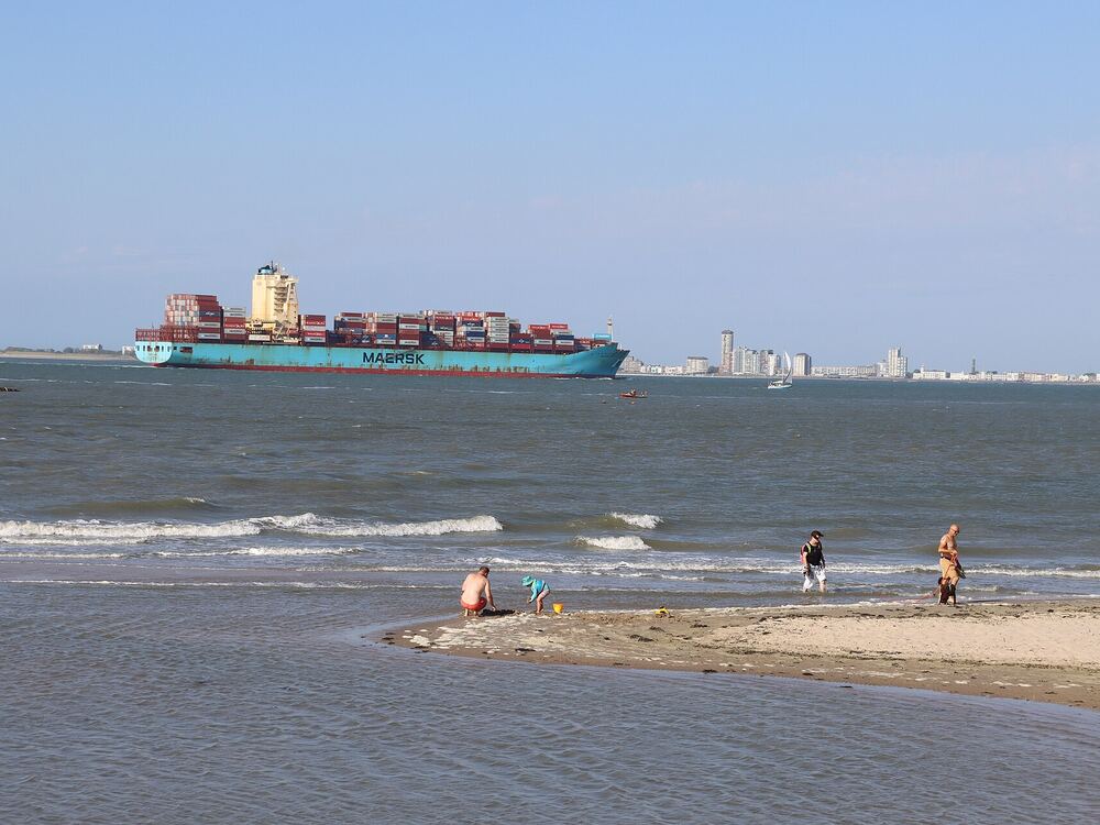 Kinderen op het strand van Breskens met een containerschip op de Westerschelde